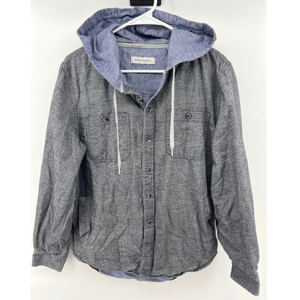 James Campbell Men's S Hooded Button Down Cotton Shirt Jacket Gray Long Sleeve